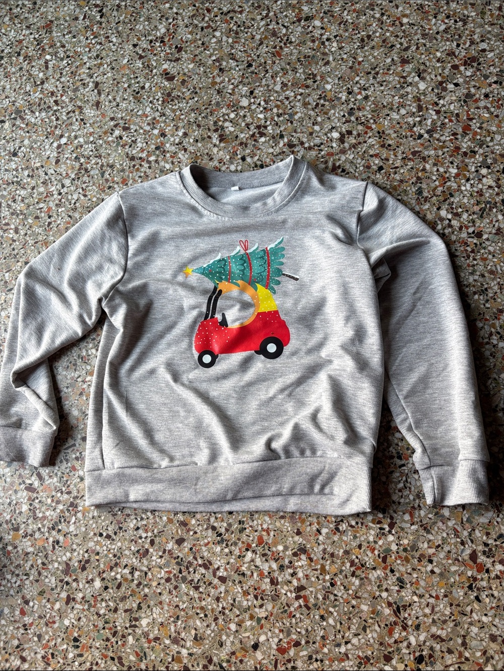 Gray kid’s size 5/6 Christmas Sweatshirt with Festive Car Graphic & tree